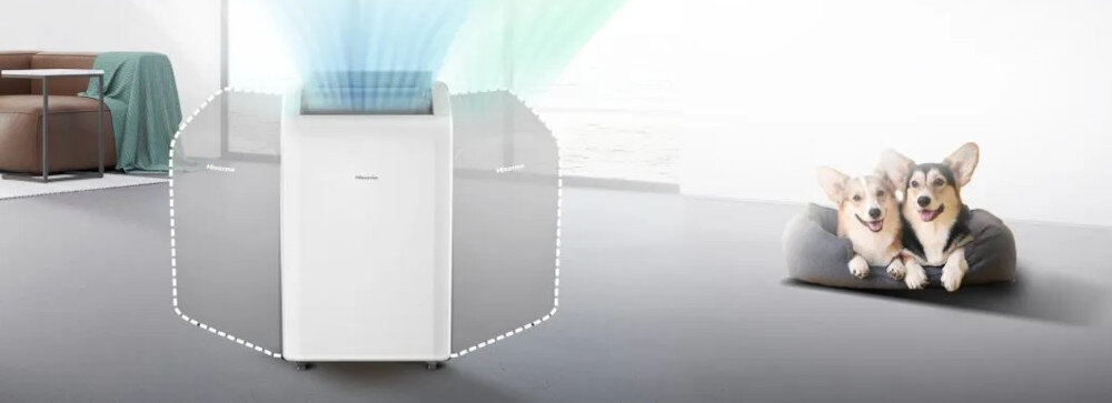 Klimatyzator przenośny HISENSE APC09QC zdjęcie lifestyle Chłodzenie i osuszanie 3 w 1  funkcje chłodzenia, wentylacji i osuszania  Moc chłodnicza 2600 W  do 24 m² komfort przez cały rok
