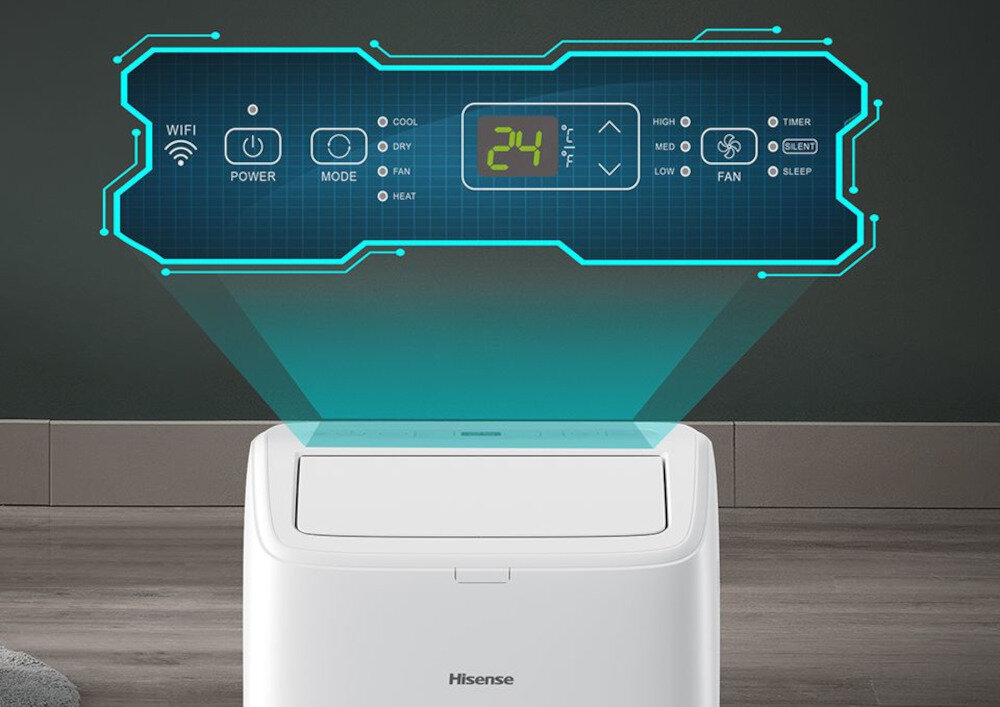 Klimatyzator przenośny HISENSE APC09QC zdjęcie lifestyle Wygodna obsługa intuicyjny panel sterowania z dużym wyświetlaczem LED i czytelnymi przyciskami pilot zdalnego sterowania Funkcja I FEEL