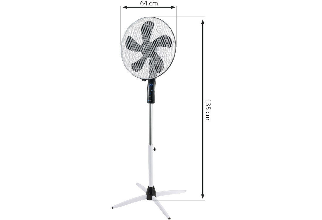 Wentylator stojący z pięcioma łopatkami, osłonięty siatką, o wysokości 135 cm i szerokości 64 cm. Posiada biały statyw z czarnymi elementami.