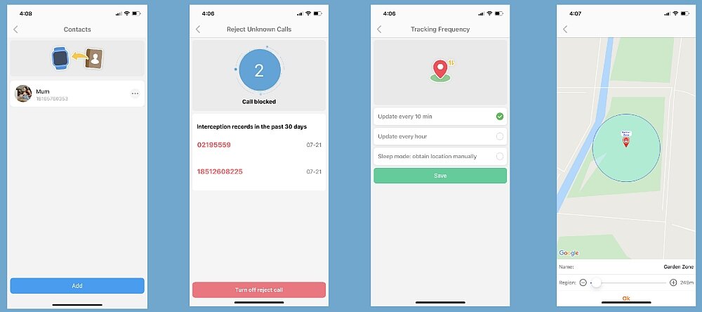 Cztery ekrany aplikacji na smartfonie: lista kontaktów z opcją dodania, ekran blokowania nieznanych połączeń z informacją o zablokowanych numerach, ustawienia częstotliwości śledzenia z opcjami aktualizacji co 10 minut lub godzinę, oraz mapa z zaznaczonym obszarem i nazwą \'Garden Zone\'.