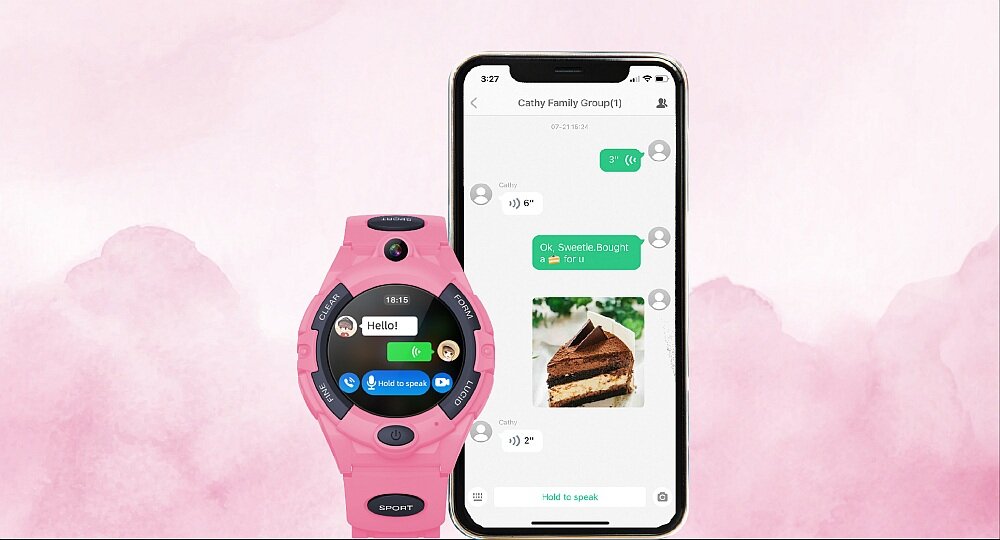 Na obrazie widoczny jest różowy smartwatch z okrągłym wyświetlaczem, na którym widać napis \'Hello!\'. Obok znajduje się smartfon z otwartą aplikacją do wiadomości, gdzie widoczna jest rozmowa tekstowa oraz zdjęcie kawałka ciasta.