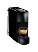 Czarny ekspres do kawy z filiżanką espresso na podstawce. Urządzenie ma prosty, nowoczesny design.