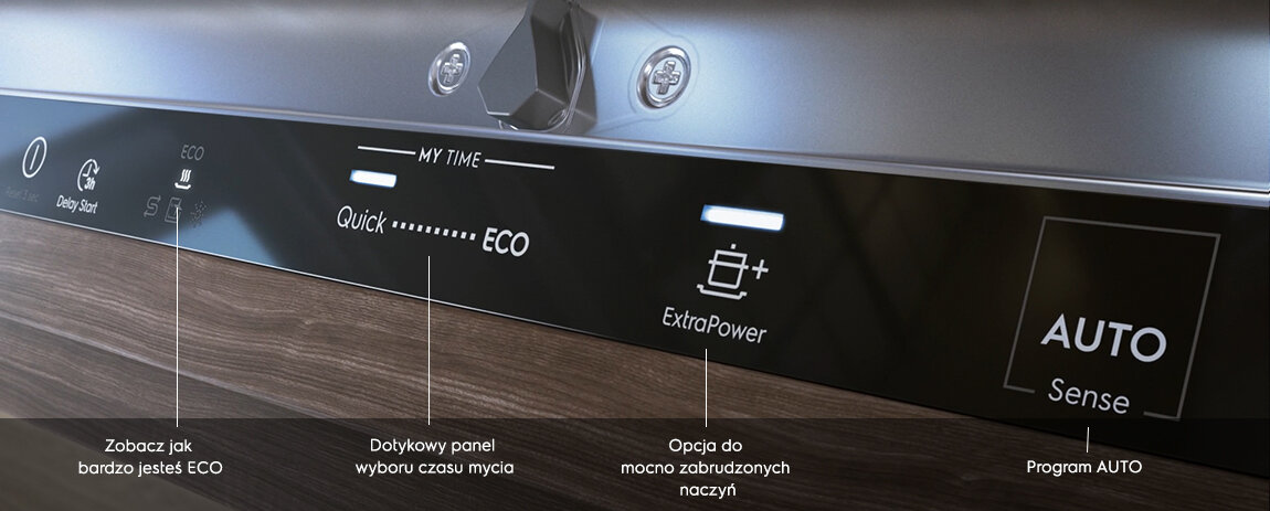 Panel sterowania zmywarki z widocznymi przyciskami i wyświetlaczem. Tekst na panelu: \'Quick ECO\', \'ExtraPower\', \'AUTO Sense\'.