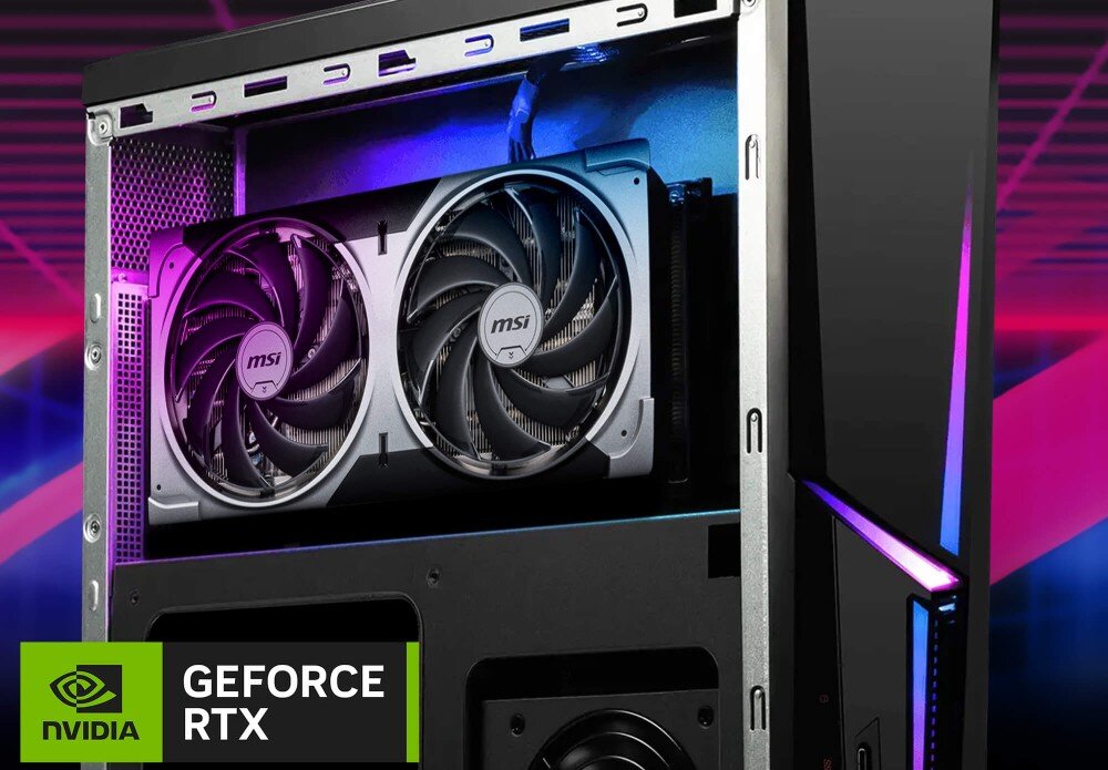 Komputer MSI MPG Trident AS AI 2NVL5-072XEU Zbliżenie na wnętrze otwartej obudowy komputera z zamontowaną pionowo kartą graficzną MSI z dwoma wentylatorami, widoczne fioletowe podświetlenie oraz logotyp 'NVIDIA GEFORCE RTX' w lewym dolnym rogu, karta graficzna, technologia DLSS, śledzenie promieni