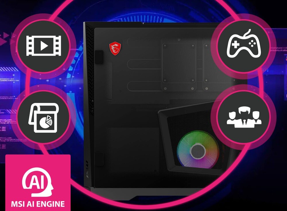 Komputer MSI MPG Trident AS AI 2NVL5-072XEU Tył czarnej obudowy komputera z przezroczystym panelem bocznym, przez który widać wentylator z podświetleniem RGB, otoczony czterema ikonami w różowych kółkach symbolizującymi multimedia, gry, pracę biurową i grafikę, z logotypem 'MSI AI ENGINE' w lewym dolnym rogu, aplikacja MSI AI Engine