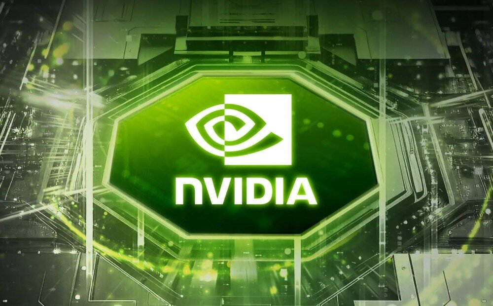 Obraz przedstawia logo \'nVIDIA\' na tle stylizowanym na układ scalony z zielonymi i czarnymi elementami.