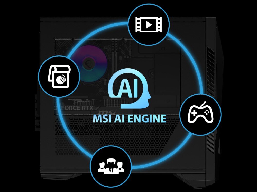 Obraz przedstawia komputer z widocznym logo \'MSI AI ENGINE\' otoczonym ikonami symbolizującymi różne funkcje, takie jak wideo, gry, wykresy i spotkania. W tle widać części komputera, w tym kartę graficzną z napisem \'GEFORCE RTX\'.