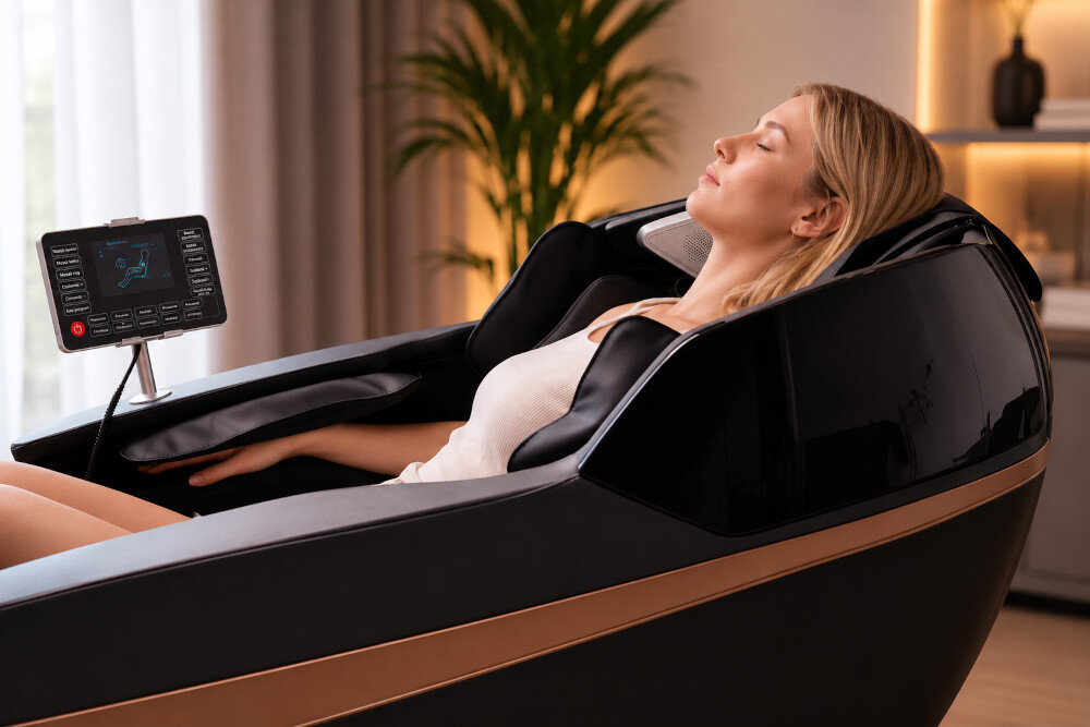 Fotel masujący EXTRALINK 3D Zero Gravity Czarno-złoty zdjęcia lifestyle Intuicyjne sterowanie funkcjami Funkcja sterowania głosowego AI Wbudowany moduł Bluetooth