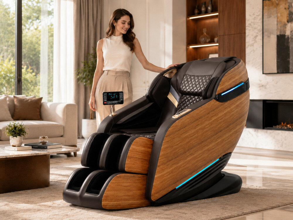 Fotel masujący EXTRALINK 3D Zero Gravity Brązowo-czarny zdjęcia lifestyle Relaks dla nóg i stóp Teleskopowy wysuw części na nogi masaż stóp za pomocą specjalnych rolek podgrzewany masaż łydek