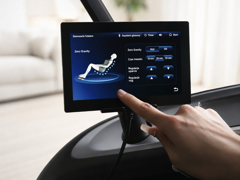 Fotel masujący EXTRALINK 3D Zero Gravity SL-Track Czarno-różowy zdjęcie lifestyle Sterowanie i multimedia Sterowanie głosowe AI Bluetooth z dźwiękiem HIF port USB-CI