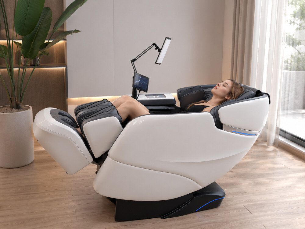 Fotel masujący EXTRALINK 3D Zero Gravity SL-Track Biało-Czarny zdjęcie lifestyle Sterowanie i multimedia Sterowanie głosowe AI Bluetooth z dźwiękiem HIF port USB-CI