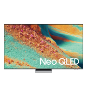 Telewizor z wyświetlaczem prezentującym kolorowy, abstrakcyjny wzór z napisem \'Neo QLED\'.