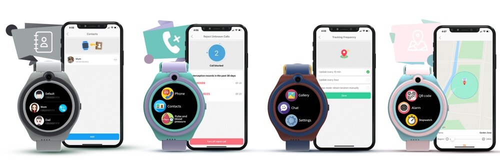 Obraz przedstawia cztery smartwatche z różnymi interfejsami aplikacji, obok których znajdują się smartfony z odpowiadającymi ekranami. Na ekranach widoczne są ikony aplikacji, kontakty, mapa oraz ustawienia połączeń.