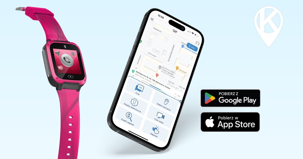 Obraz przedstawia różowy smartwatch z wyświetlaczem oraz smartfon z aplikacją mapy na ekranie. Obok znajdują się ikony \'Pobierz z Google Play\' i \'Pobierz w App Store\'.