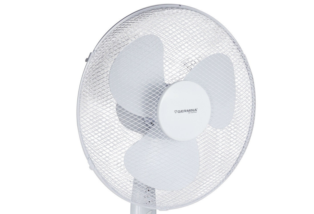 Wentylator z trzema łopatkami osłoniętymi siatką, na środku widoczne logo \'GERMINA\'.