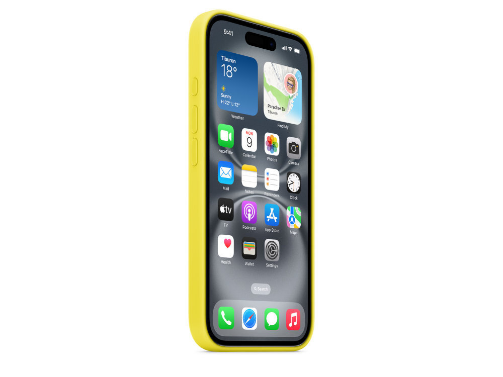 Żółte etui silikonowe na smartfon z widocznym ekranem głównym, na którym znajdują się różne aplikacje. Na ekranie widoczna jest data \'Poniedziałek 9\' oraz godzina \'9:41\'.