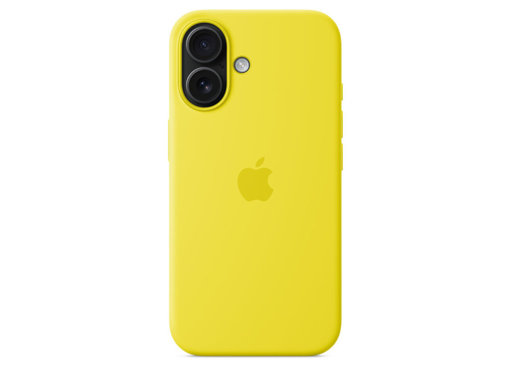 Żółte etui na telefon z logo Apple pośrodku. Widać dwa otwory na aparaty i jeden na lampę błyskową.