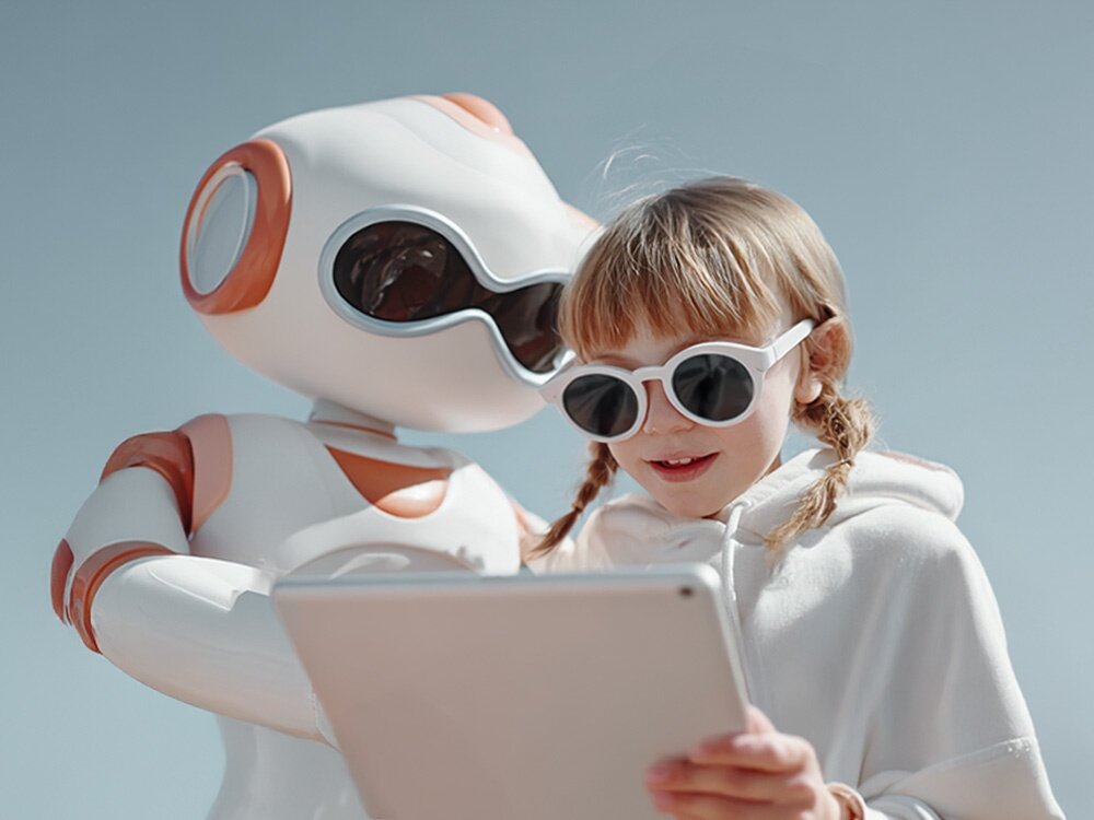 Na obrazie widać robota o białej i pomarańczowej kolorystyce oraz dziecko w białych okularach przeciwsłonecznych, trzymające tablet. Tło jest jednolite, jasnoniebieskie.