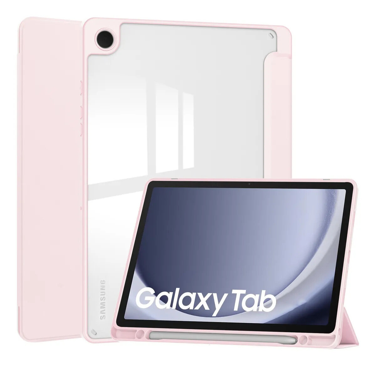 Etui w kolorze różowym z przezroczystym tyłem, przeznaczone do tabletu Galaxy Tab, z miejscem na rysik. Na ekranie tabletu widoczny jest napis \'Galaxy Tab\'.