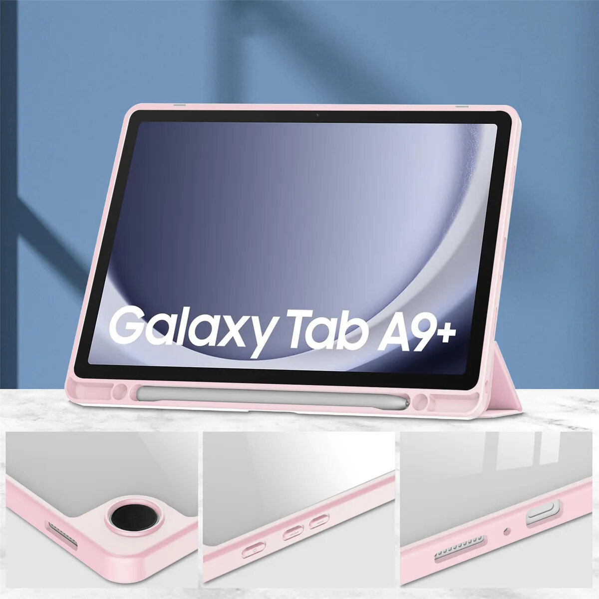 Obraz przedstawia różowe etui na tablet z miejscem na rysik, z napisem \'Galaxy Tab A9+\' na ekranie. Widoczne są detale etui, takie jak otwór na aparat, przyciski boczne i otwory na głośniki.