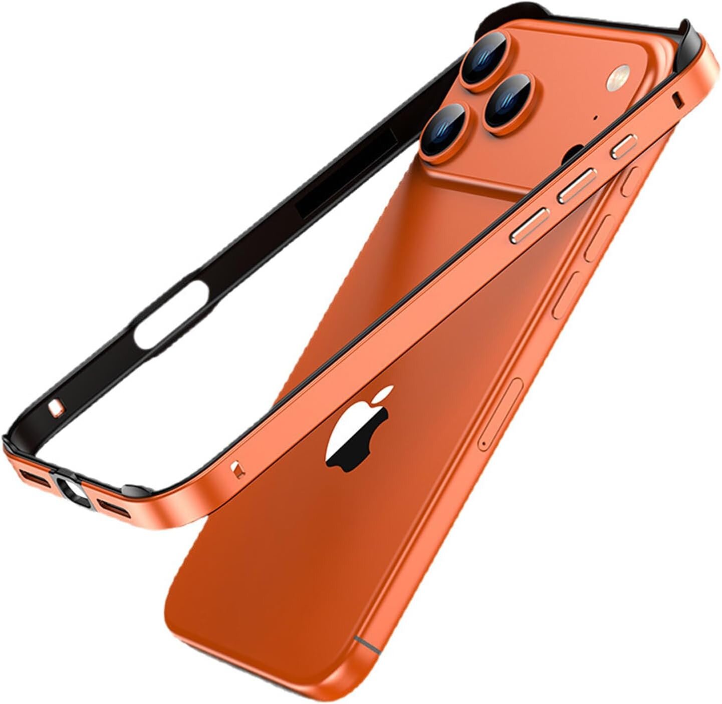 Obraz przedstawia pomarańczowe etui do telefonu z aluminiową ramką i logo w kształcie jabłka. Etui ma wycięcia na przyciski i aparat.