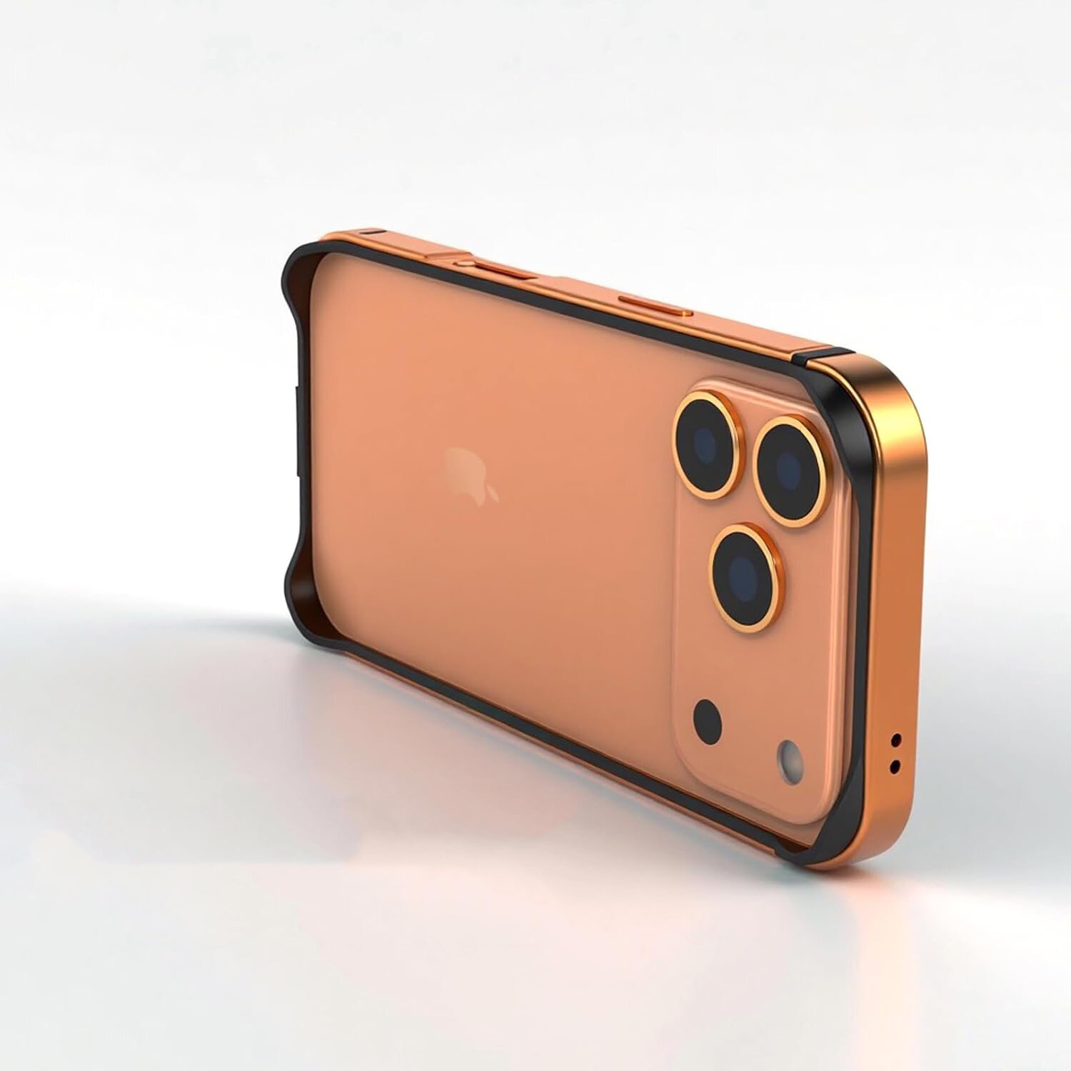 Na obrazie widoczne jest etui na telefon w kolorze pomarańczowym z trzema dużymi otworami na aparaty. Etui ma mocną aluminiową ramkę i smukły design.