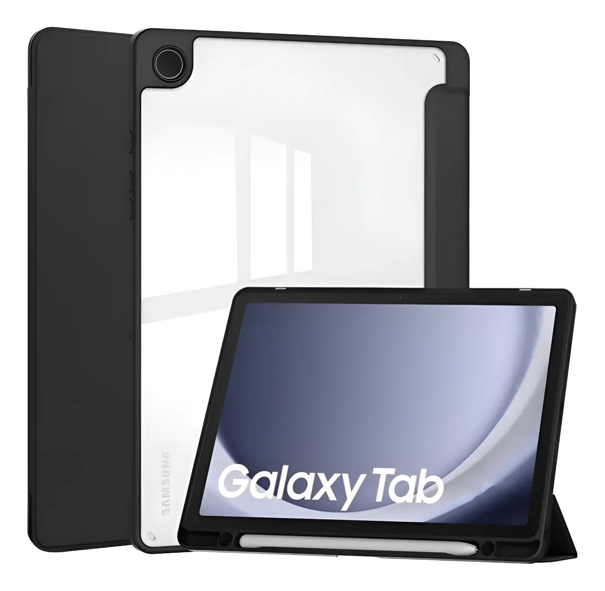 Na obrazie widoczne jest etui na tablet z miejscem na rysik, z napisem \'Galaxy Tab\' na ekranie urządzenia. Etui jest w kolorze czarnym, a tablet ma wyświetlacz z jasnym tłem.