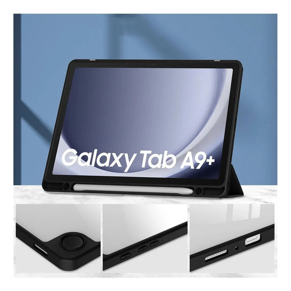 Obraz przedstawia tablet w etui z napisem \'Galaxy Tab A9+\' na ekranie. W dolnej części widoczne są zbliżenia na detale etui, takie jak miejsce na rysik i przyciski boczne.