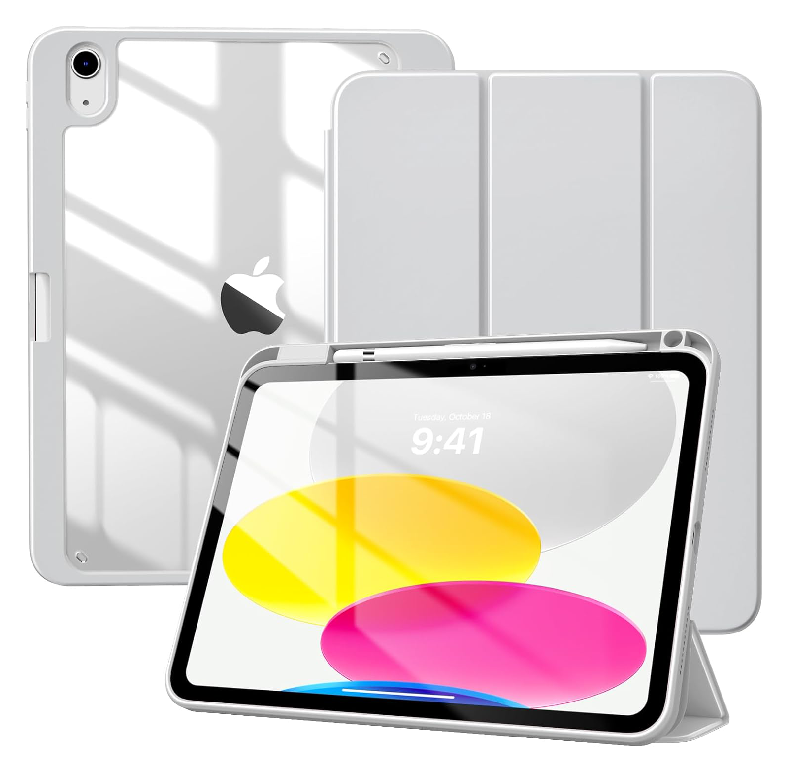 Obraz przedstawia przezroczyste etui na tablet z widocznym logo Apple. Tablet wyświetla godzinę 9:41 i datę Tuesday, October 18 na ekranie z kolorowymi kształtami.