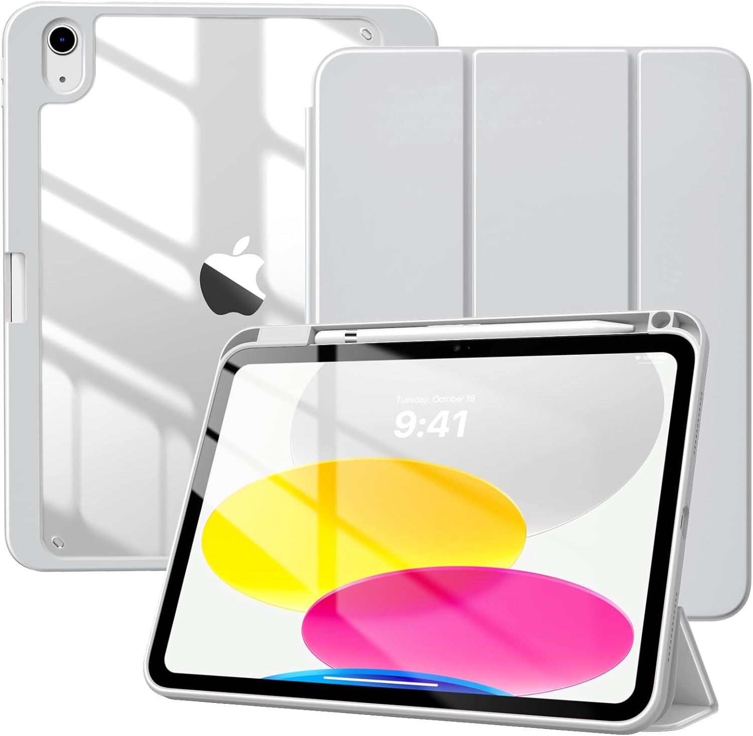 Obraz przedstawia przezroczyste etui na tablet z widocznym logo w kształcie nadgryzionego jabłka. Tablet w etui wyświetla kolorowe okręgi na ekranie oraz godzinę 9:41 i datę Tuesday, October 18.