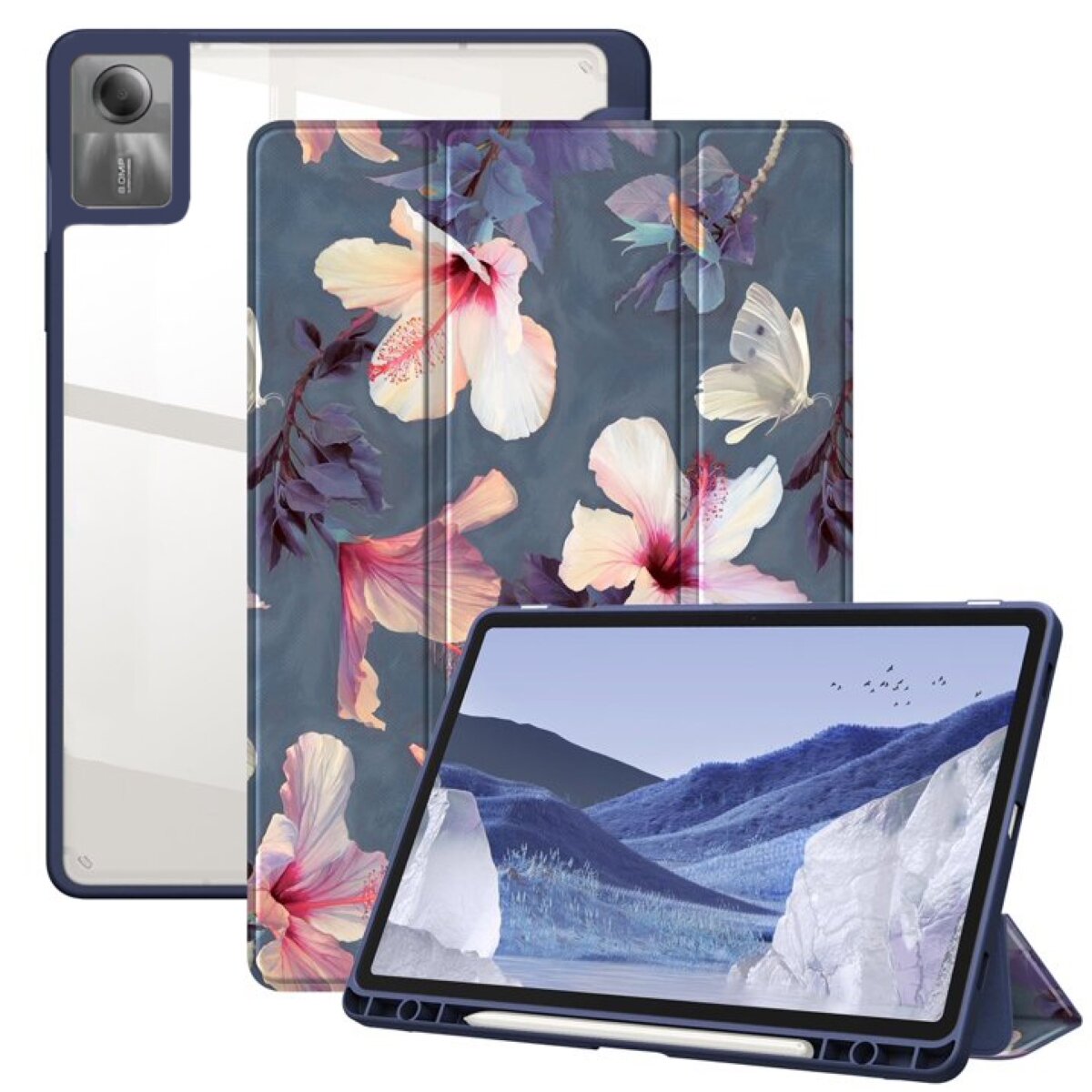 Etui z klapką do tabletu z motywem kwiatowym i motylami, z miejscem na rysik. Tablet w etui wyświetla krajobraz z górami i ptakami na niebie.