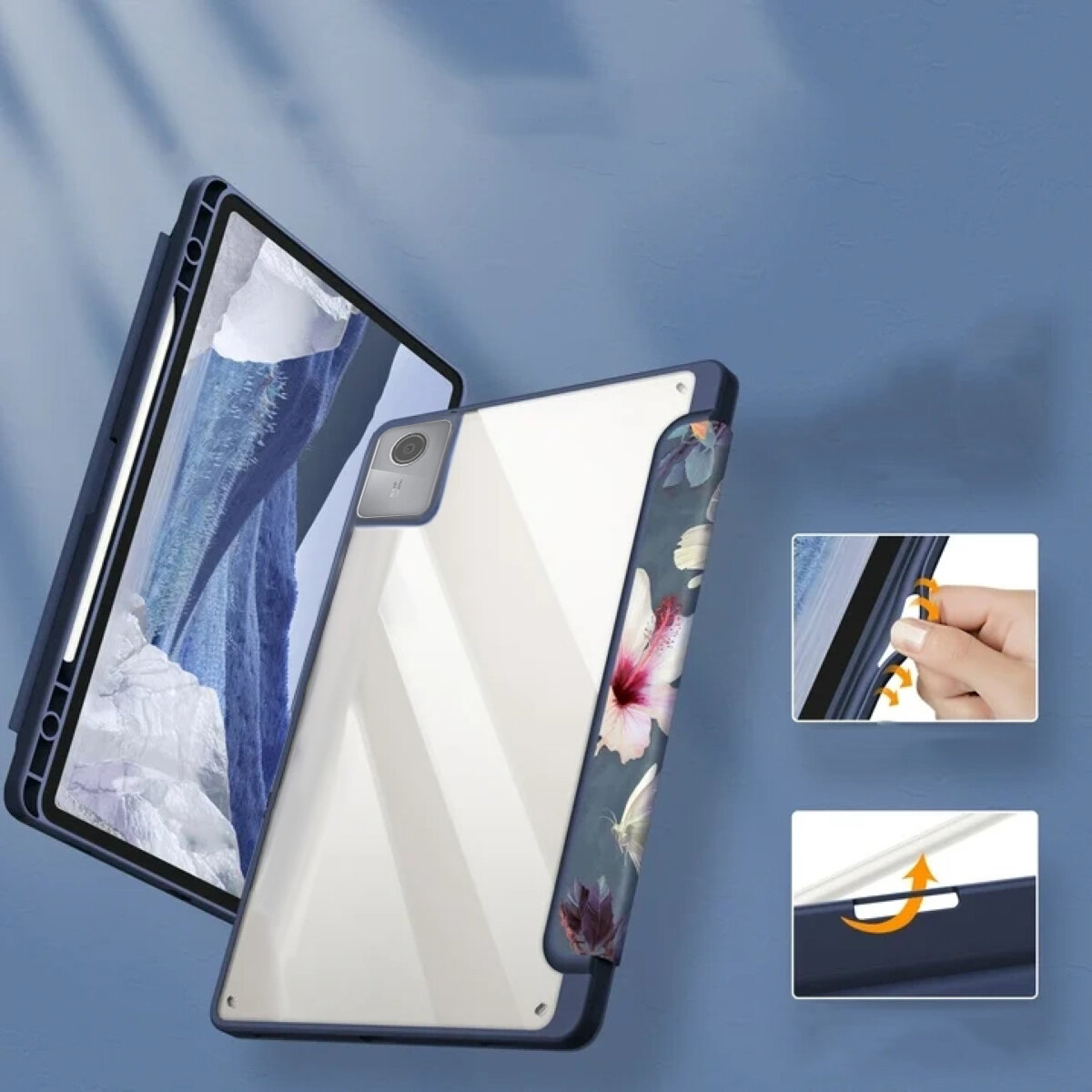 Etui z klapką do tabletu z miejscem na rysik, ozdobione motywem kwiatowym. Obok widoczne są dwa małe zdjęcia pokazujące szczegóły montażu i funkcjonalności etui.