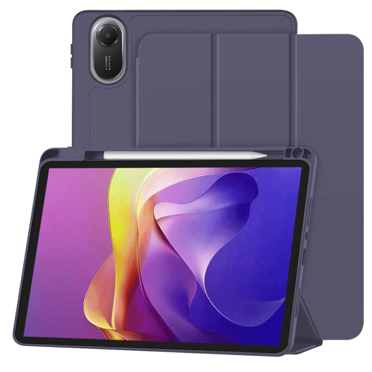 Etui na tablet w kolorze ciemnym z miejscem na rysik, ustawione w pozycji stojącej. Na ekranie tabletu widoczna jest abstrakcyjna grafika w odcieniach fioletu i żółci.