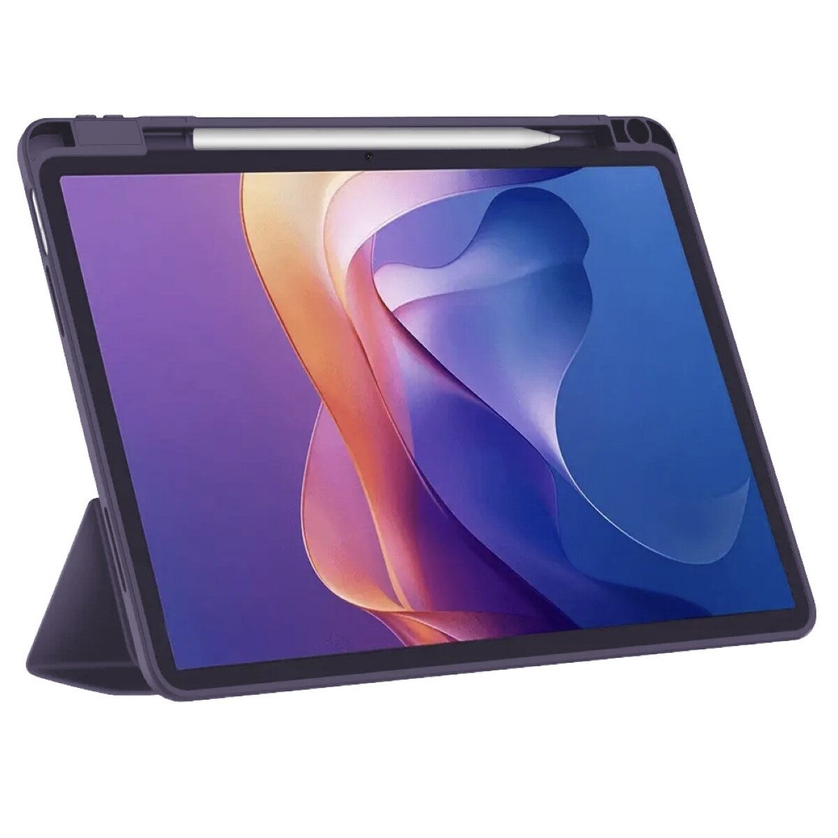 Na obrazie widoczny jest tablet w etui z klapką, z rysikiem umieszczonym na górze. Ekran tabletu wyświetla abstrakcyjną grafikę w odcieniach fioletu i pomarańczu.