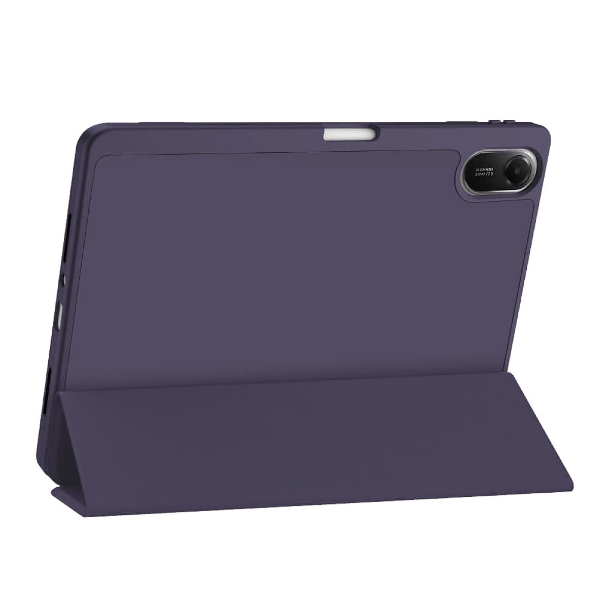 Etui na tablet w kolorze ciemnofioletowym z wycięciem na aparat i klapką umożliwiającą ustawienie urządzenia pod kątem. Widoczny napis \'AI Camera 8MP/5MP\'.
