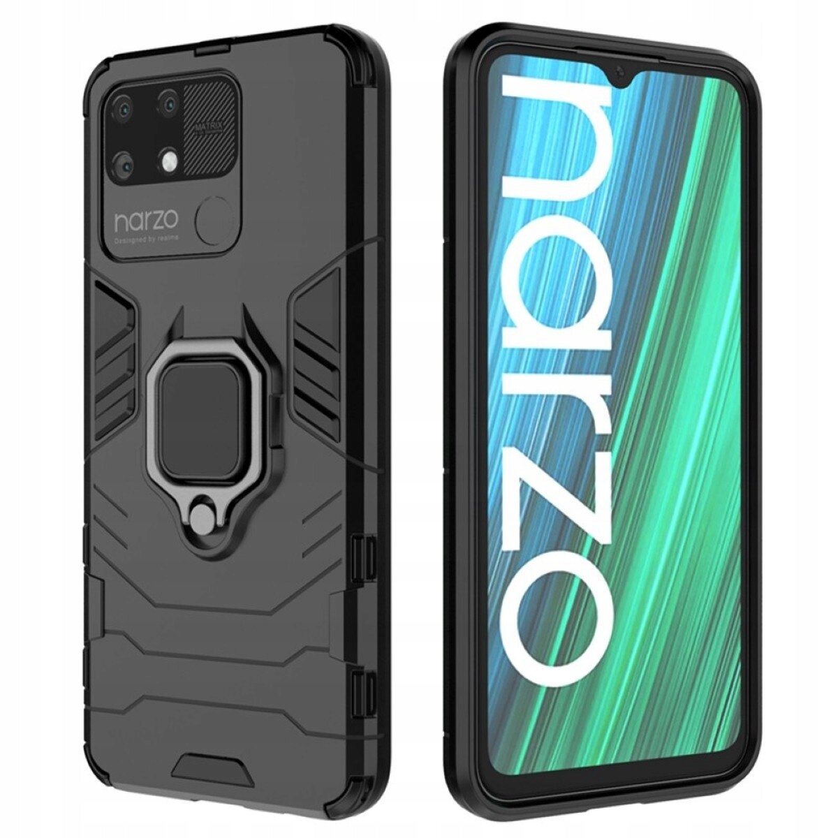Obraz przedstawia czarne, pancerne etui na telefon z widocznym napisem \'narzo\' na tylnej części. Obok etui znajduje się telefon z wyświetlaczem pokazującym kolorowe, pionowe pasy i napis \'narzo\'.