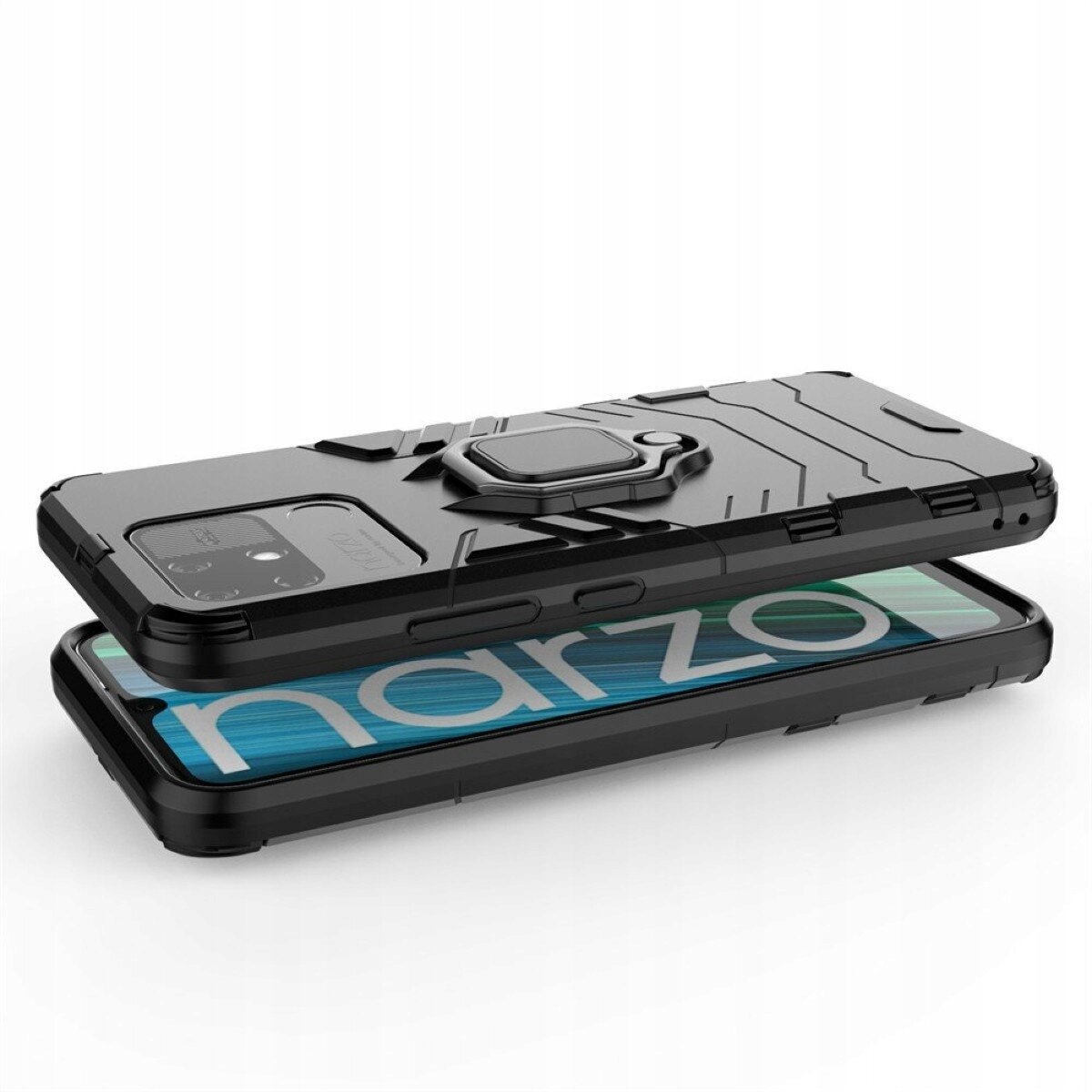 Obraz przedstawia dwa czarne etui na telefon, jedno z nich ma widoczny napis \'narzo\' na ekranie. Etui mają pancerne wykończenie z geometrycznymi wzorami i wbudowanym uchwytem.