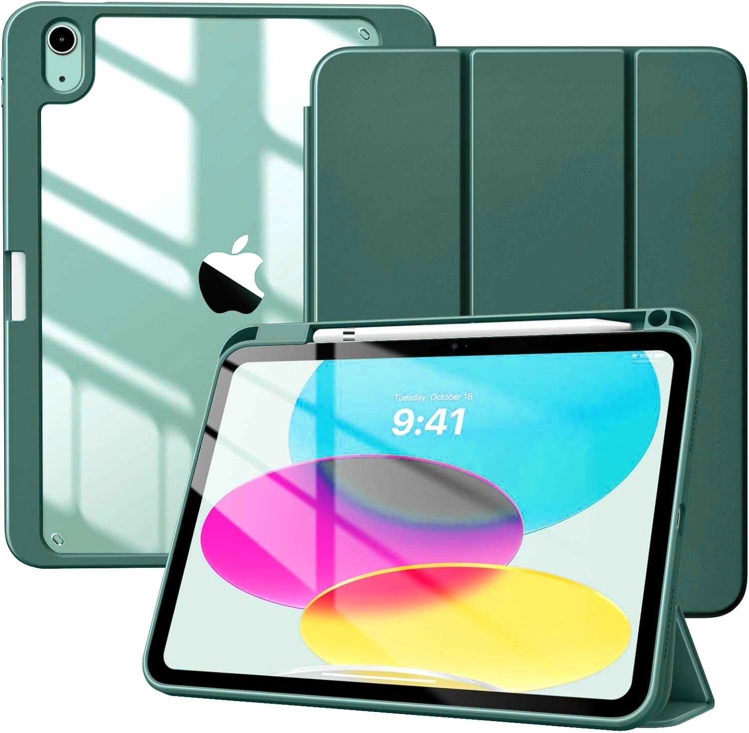 Obraz przedstawia etui z klapką do iPada w kolorze zielonym, z widocznym logo Apple. Na ekranie iPada wyświetlana jest godzina 9:41 oraz data \'Tuesday, October 18\'.