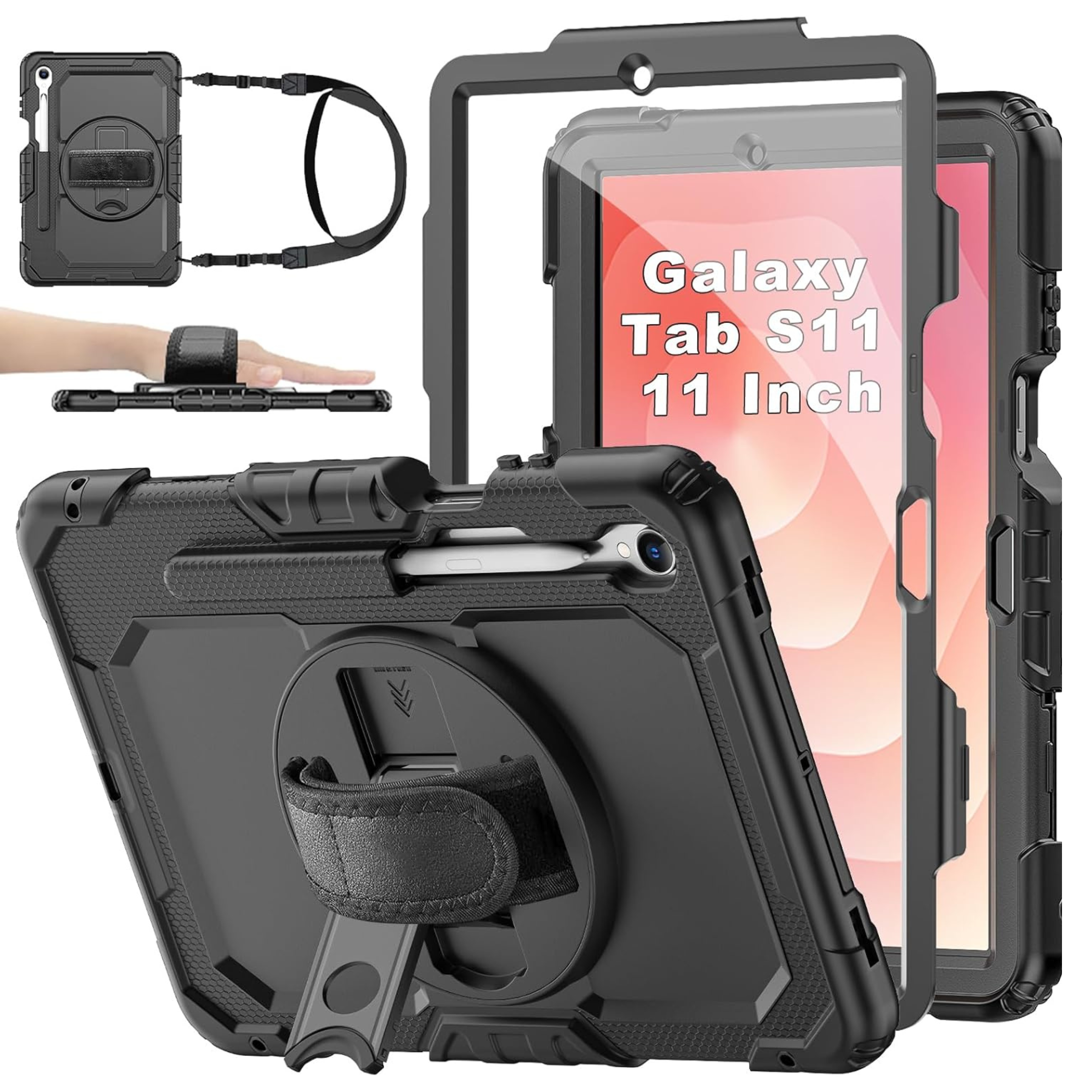Obraz przedstawia pancerne etui do tabletu Samsung Galaxy Tab S11 11.0 z paskiem na rękę i stojakiem. Na ekranie tabletu widoczny jest tekst: \'Galaxy Tab S11 11 Inch\'.