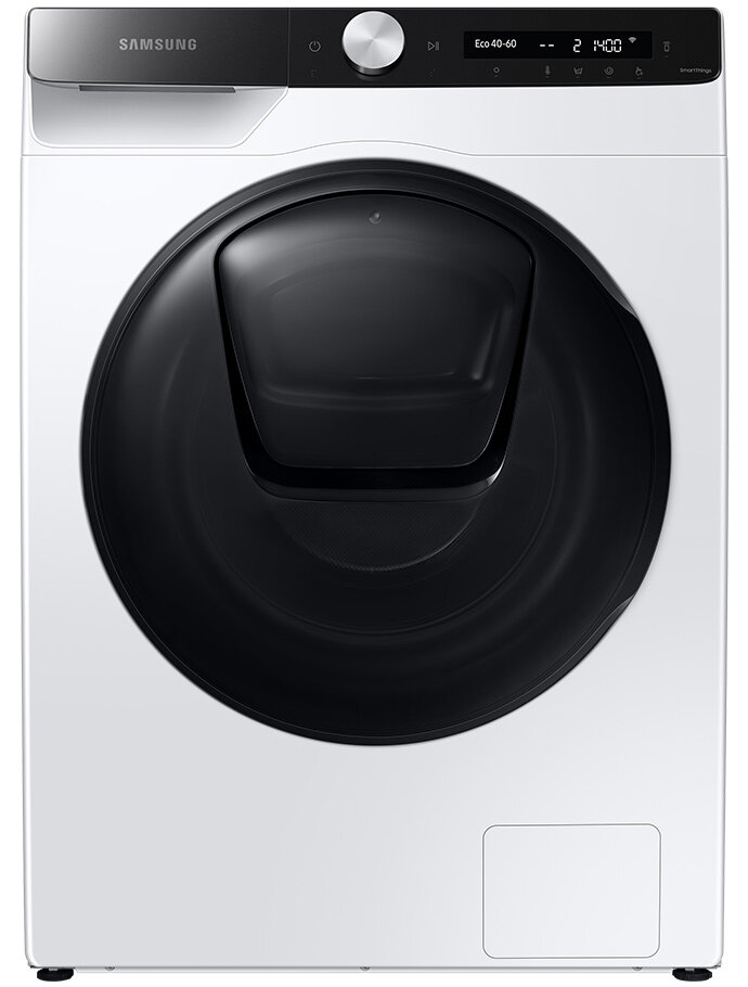 Przód pralko-suszarki Samsung Pralko-suszarka w kolorze białym z dużymi, czarnymi drzwiami i panelem sterowania z wyświetlaczem. Na panelu widoczne jest logo \'SAMSUNG\' oraz napisy \'Eco 40-60\' i \'1400\'.