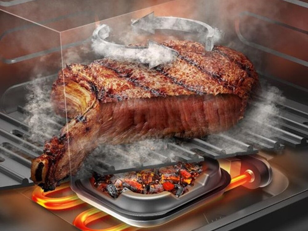 Obraz przedstawia kawałek mięsa na grillu z widocznym dymem i strzałkami wskazującymi cyrkulację powietrza. Pod grillem znajdują się rozżarzone węgle i element grzewczy.