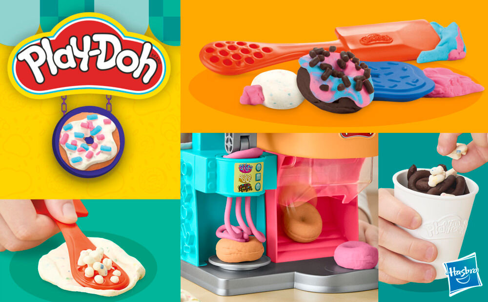 Obraz przedstawia zestaw do zabawy z ciastoliną Play-Doh, w tym narzędzia i różnokolorowe ciastoliny uformowane w kształty przypominające pączki i inne słodycze. Widoczne są także logo Play-Doh i Hasbro.