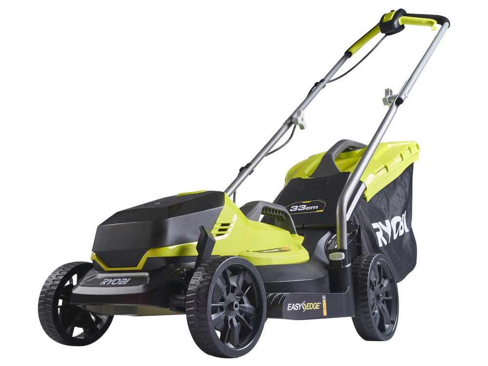 Kosiarka akumulatorowa w kolorze zielono-czarnym z widocznym logo \'RYOBI\' na koszu. Na obudowie znajduje się napis \'EASYEDGE\' oraz \'33cm\'.