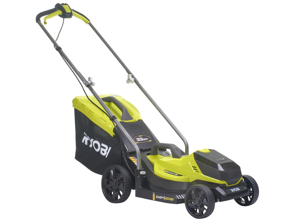 Kosiarka akumulatorowa w kolorze zielono-czarnym z widocznym logo \'RYOBI\' na koszu. Na obudowie znajduje się napis \'33cm\' oraz \'EASYEDGE\'.