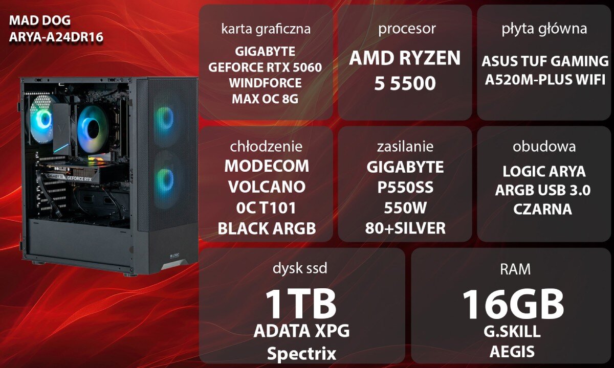 Obraz przedstawia komputer z podświetleniem RGB oraz specyfikację techniczną: karta graficzna GIGABYTE GeForce RTX 5060, procesor AMD Ryzen 5 5500, płyta główna ASUS TUF Gaming A520M-Plus WiFi, chłodzenie MODECOM Volcano OC T101 Black ARGB, zasilanie GIGABYTE P550SS 550W 80+Silver, obudowa Logic Arya ARGB USB 3.0 czarna, dysk SSD 1TB ADATA XPG Spectrix, RAM 16GB G.Skill Aegis.