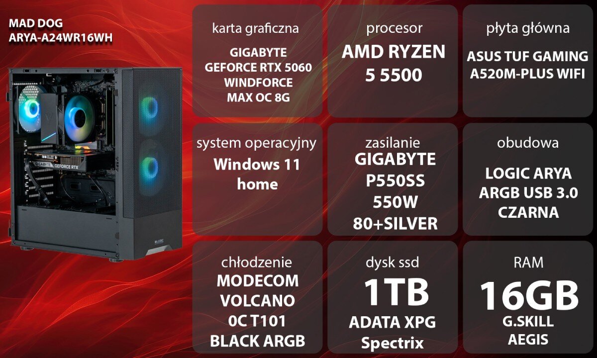 Obraz przedstawia komputer z podświetleniem ARGB oraz specyfikację techniczną: karta graficzna GIGABYTE GeForce RTX 5060, procesor AMD Ryzen 5 5500, 16GB RAM G.SKILL Aegis, dysk SSD 1TB ADATA XPG Spectrix, system operacyjny Windows 11 Home, płyta główna ASUS TUF Gaming A520M-Plus WiFi, zasilanie GIGABYTE P550SS 550W 80+Silver, chłodzenie MODECOM Volcano OC T101 Black ARGB, obudowa LOGIC ARYA ARGB USB 3.0 czarna.