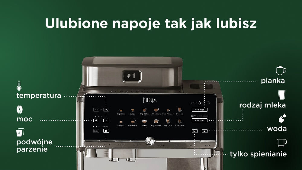 Ekspres do kawy z wyświetlaczem i różnymi opcjami parzenia, na zielonym tle z napisem \'Ulubione napoje tak jak lubisz\'. Widoczne są ikony i napisy: temperatura, moc, podwójne parzenie, pianka, rodzaj mleka, woda, tylko spienianie.
