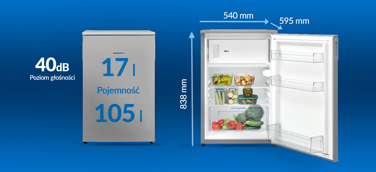 LODÓWKA DAEWOO CUS0130ESMA0-EU Grafika przedstawia wymiary lodówki, pojemność 105 l oraz poziom hałasu 40 dB kompaktowe wymiary pojemność 105 l komora mrożenia 17 l cicha praca 40 dB