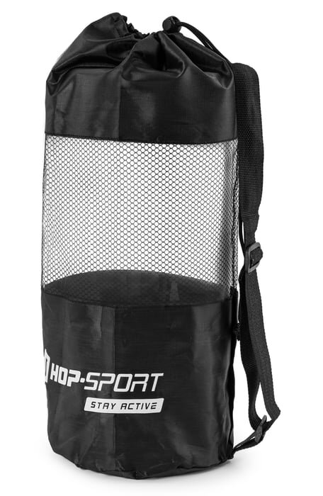 Czarny worek z siateczkowym panelem i napisem \'HOP-SPORT STAY ACTIVE\'.