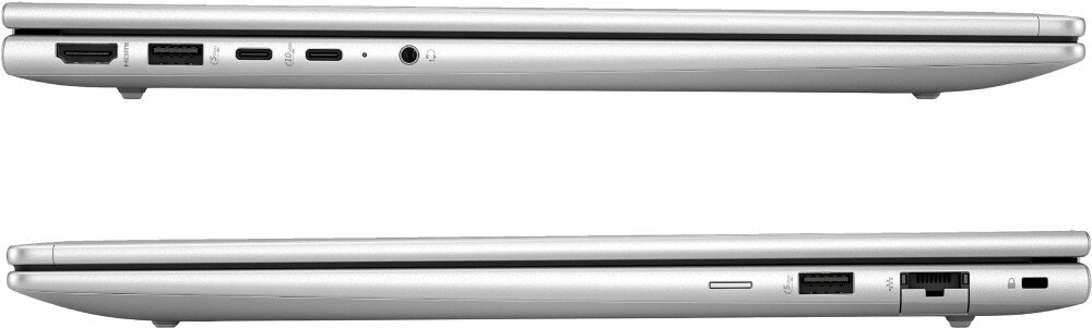 Obraz przedstawia dwa laptopy w widoku bocznym, ukazujące różne porty, takie jak HDMI, USB, USB-C, gniazdo słuchawkowe oraz port Ethernet. Laptopy mają srebrną obudowę i są zamknięte.